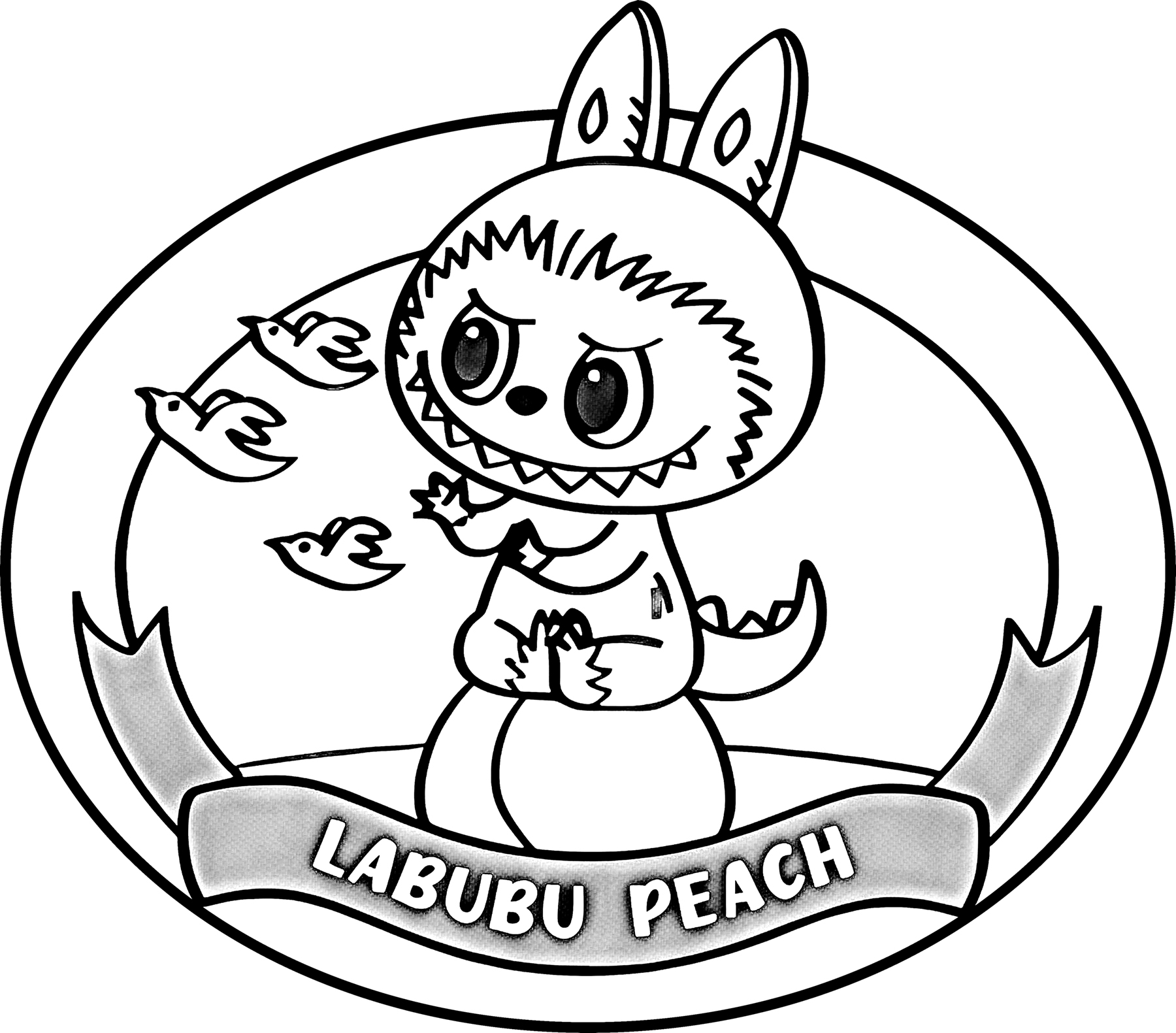 Labubu with peach framed design, line art for coloring